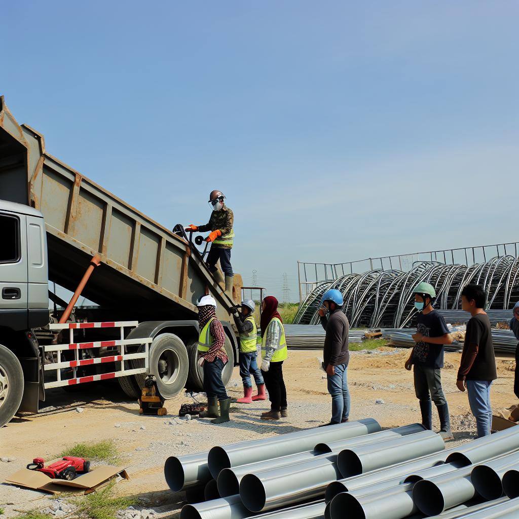 Camion cargando materiales de acueductos, con personas reales