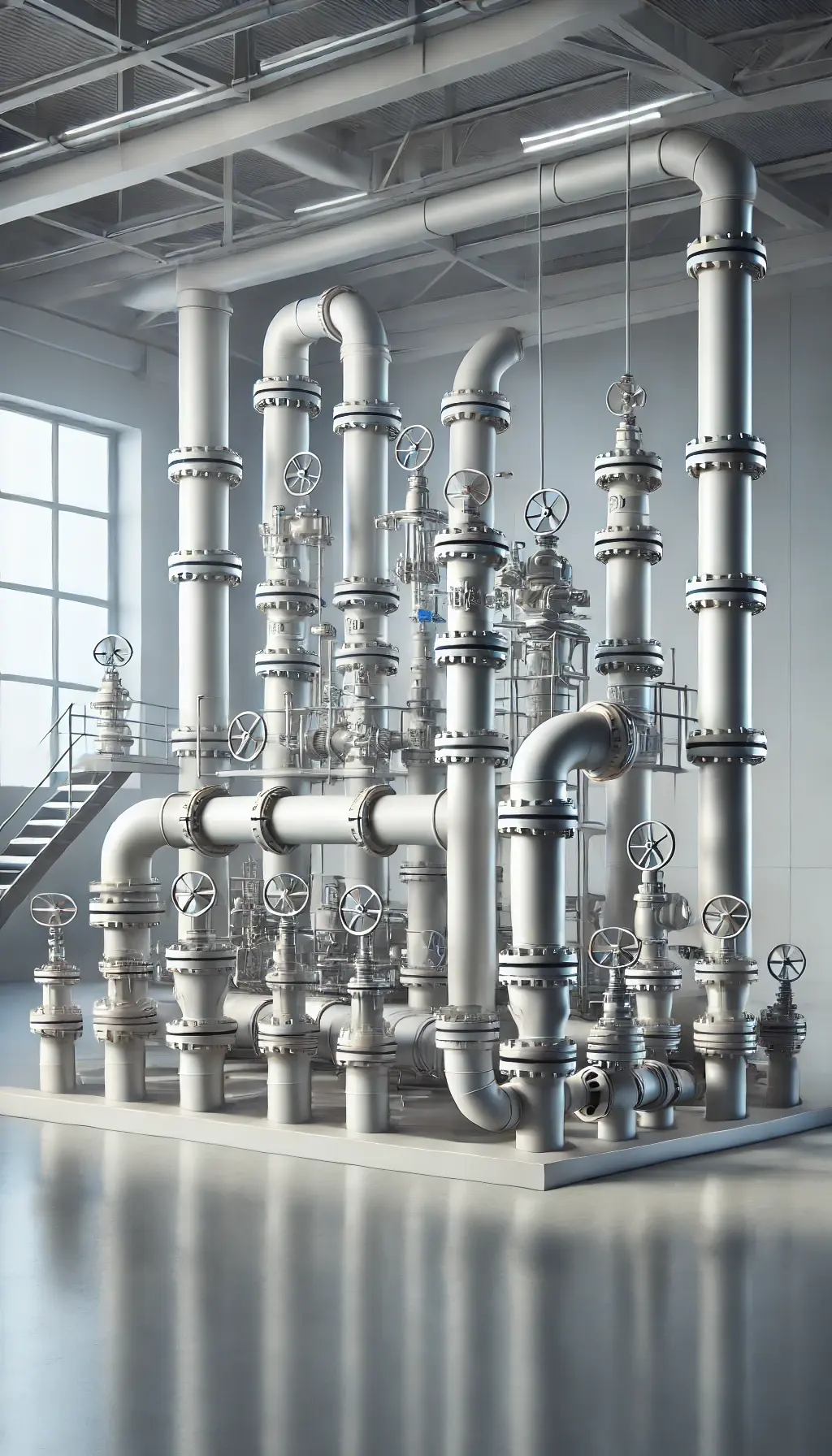 DALL·E 2024-08-22 21.54.04 - A vertical image showcasing a simplified industrial bypass system designed for pumping stations. The system consists of large PVC pipes connected by a