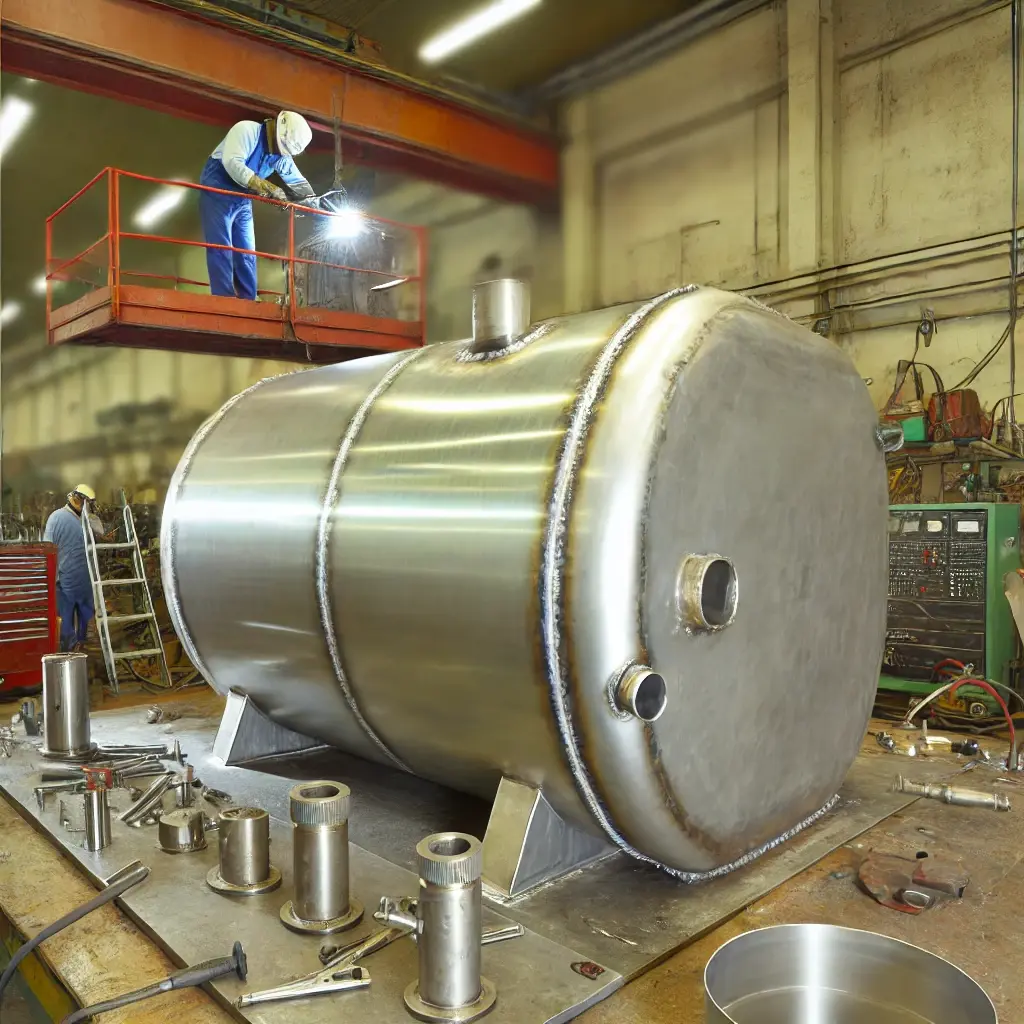 DALL·E 2024-08-22 23.39.44 - A realistic square image depicting the fabrication process of stainless steel tanks in an industrial workshop. The image shows a large, partially asse