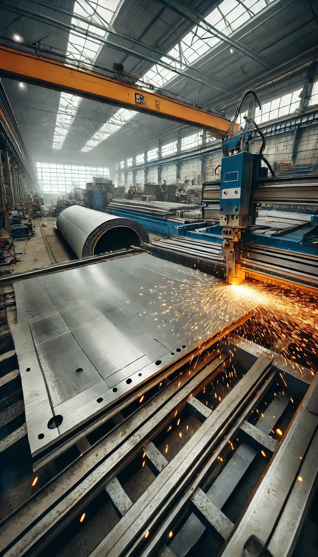 DALL·E 2024-08-22 23.55.33 - A vertical image showing the first step in the production of metal tanks_ cutting materials. The image depicts a large sheet of metal being precisely 